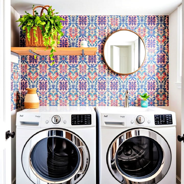 patterned tile laundry room backsplash