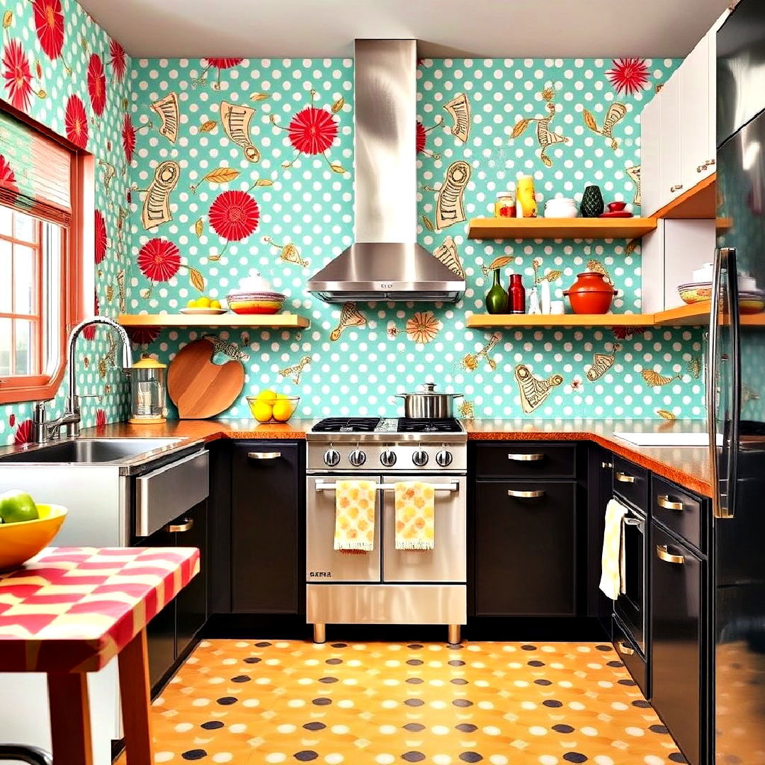 patterned wallpaper for 1950s kitchen