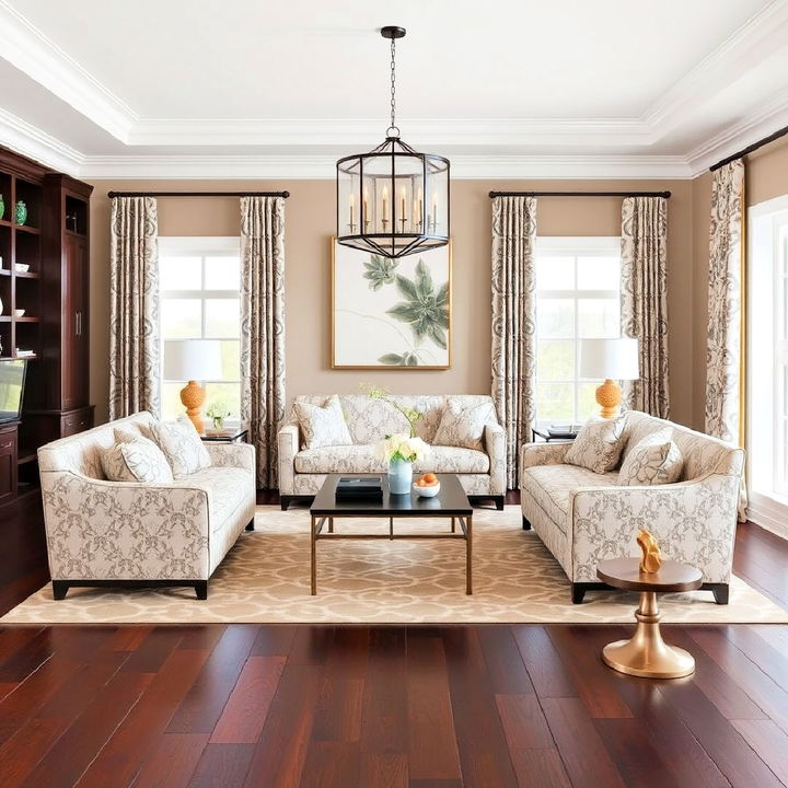 patterns in furniture and décor with dark brown floor