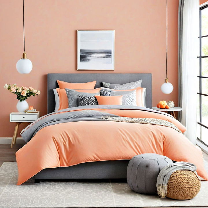 peach and gray bedding for a modern contrast