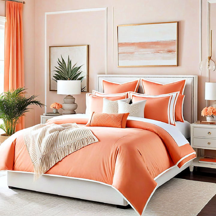 peach bedding with white trim for elegant contrast