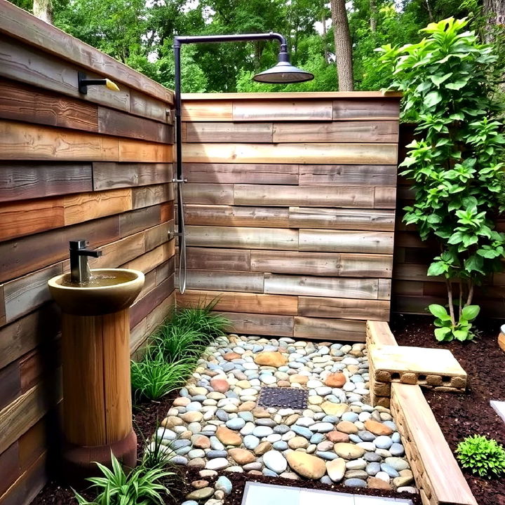 pebble floor outdoor shower area