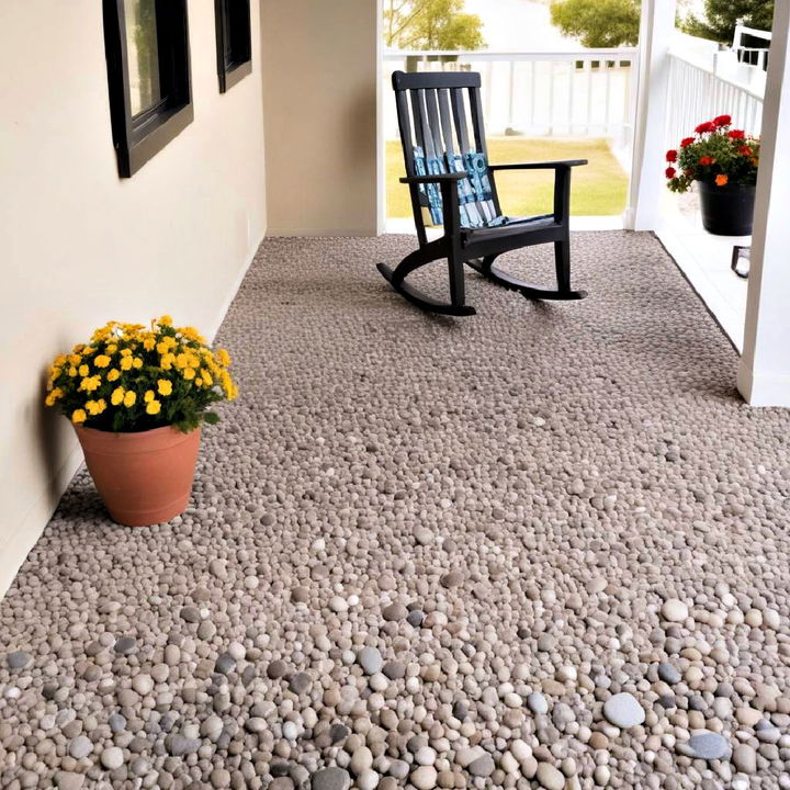 pebble stone porch flooring to add a rustic feel