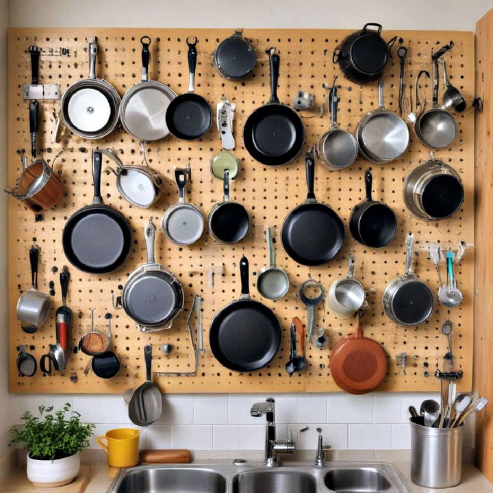 pegboard wall for pots and pans storage