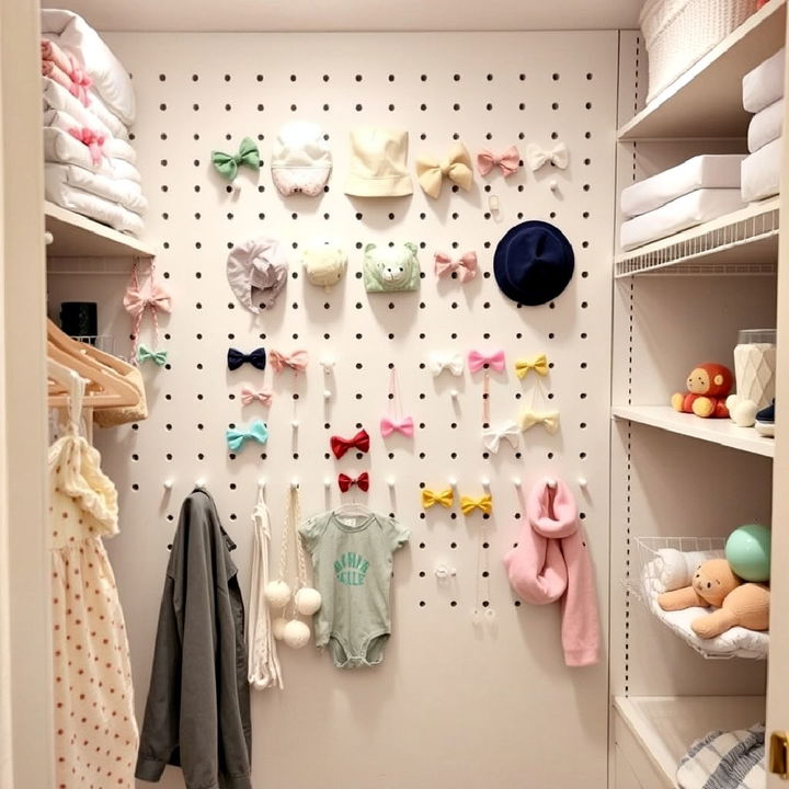 pegboard wall inside the nursery closet