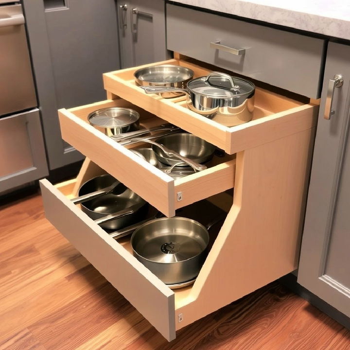 pegged drawer storage system for pots and pans