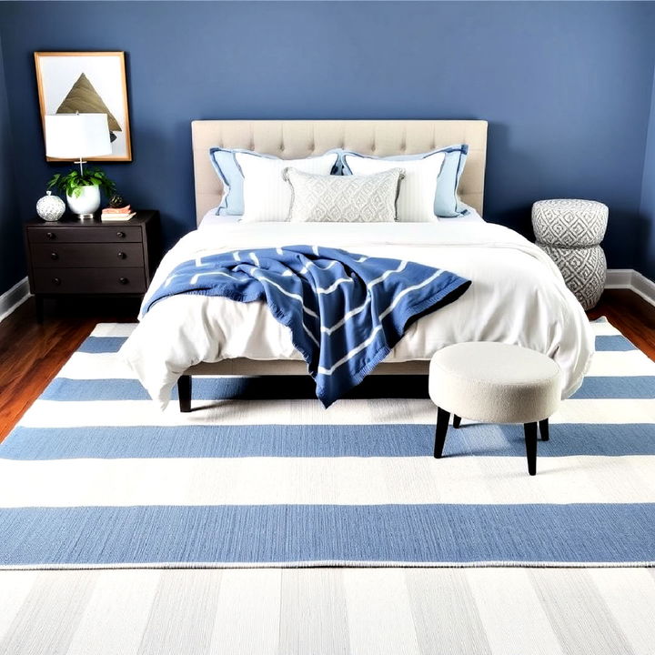 periwinkle and white striped rug for bedroom