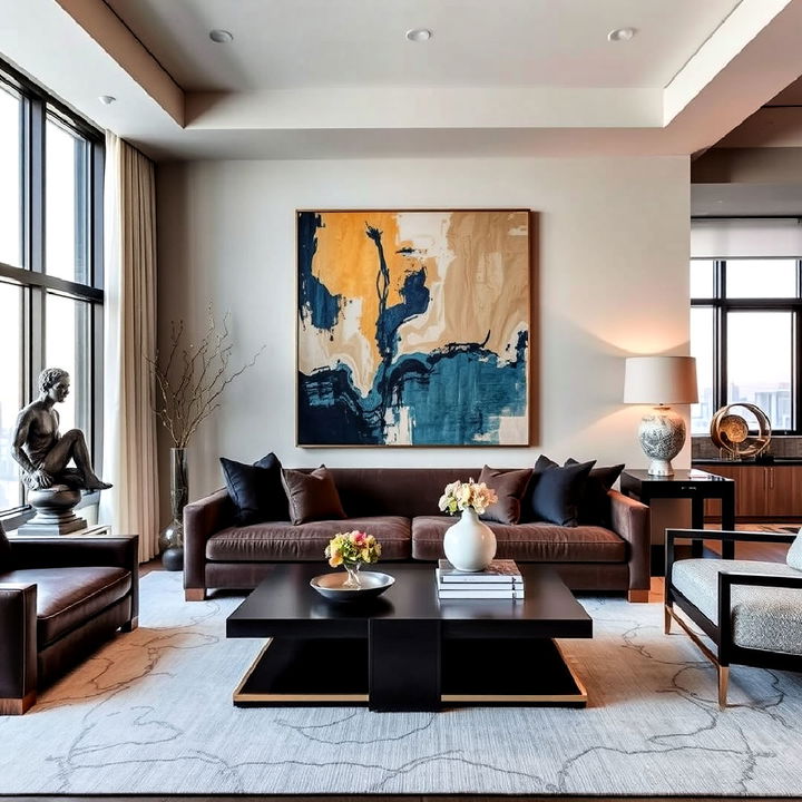 personalized artwork and sculptures as a centerpiece in the living room