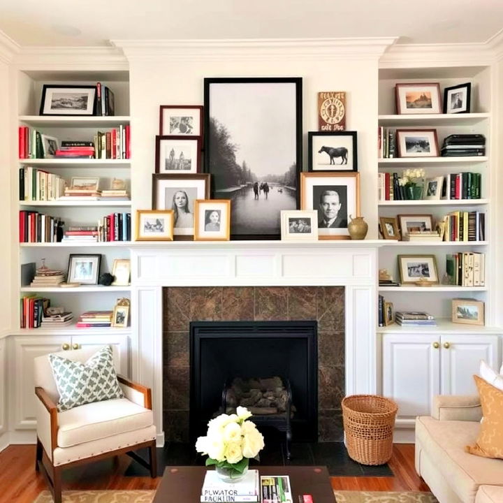 personalized gallery wall using a fireplace and bookshelves