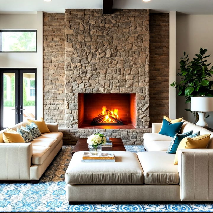 place modular sofa in front of a fireplace