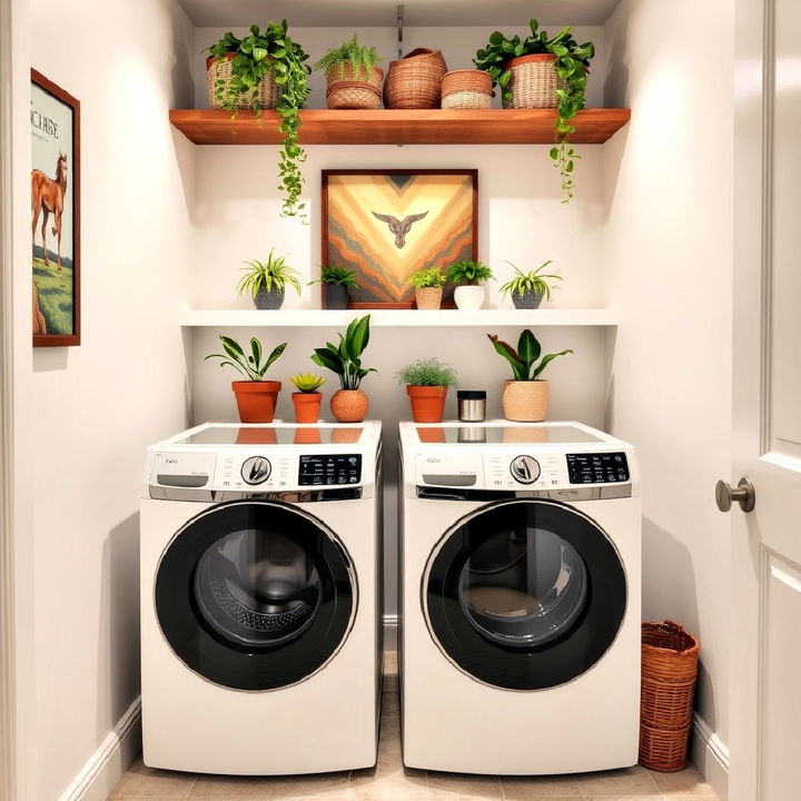 plants and artwork decor for laundry room