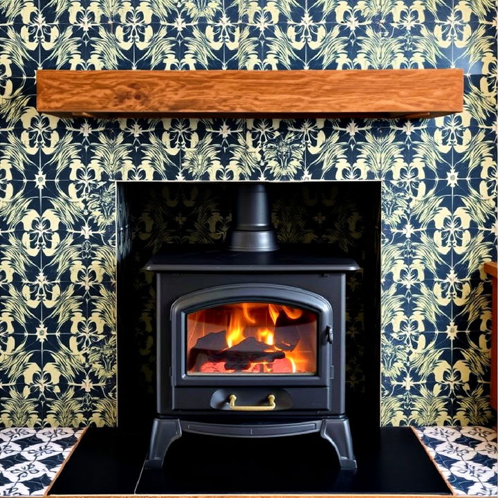 pop of pattern wood stove surround