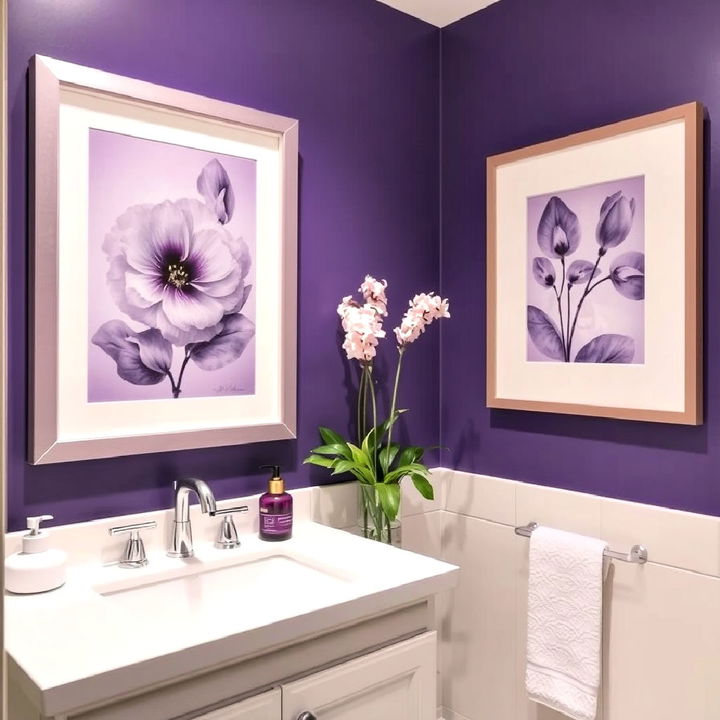 purple themed bathroom art