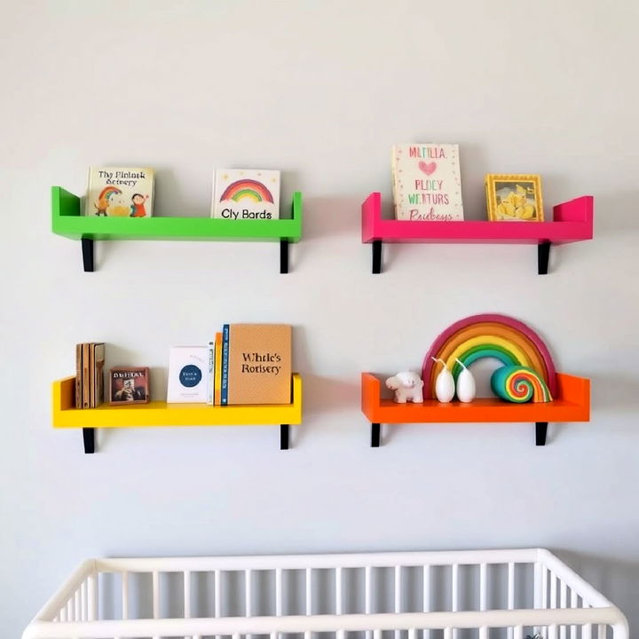 rainbow colored shelves for nursery