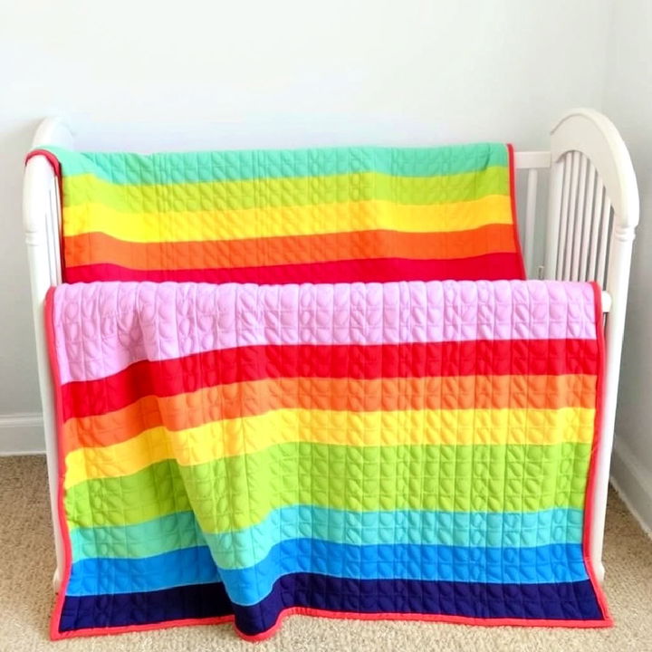 rainbow themed quilt draped over the crib