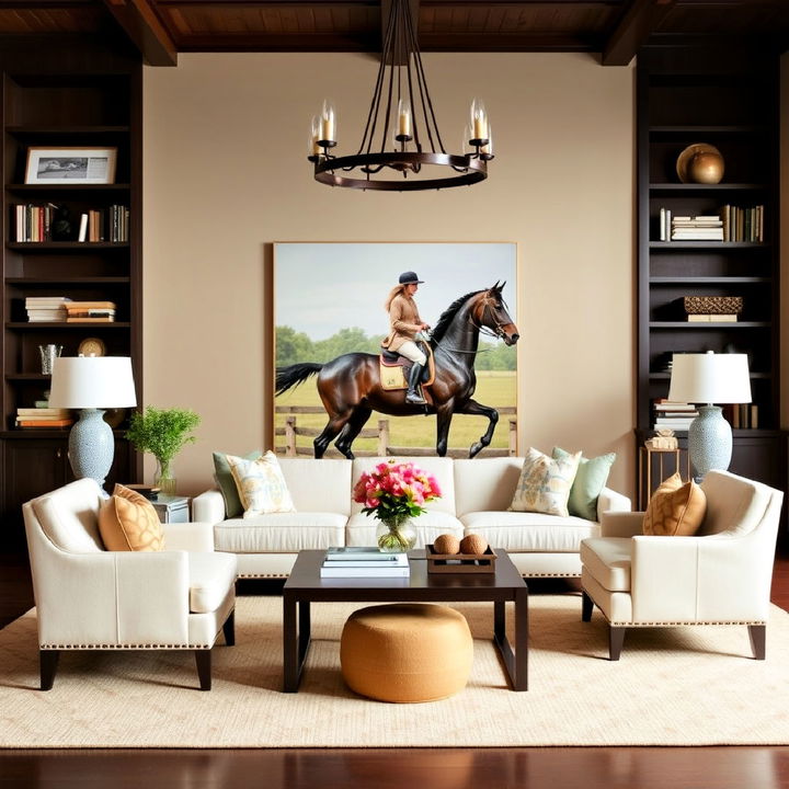 ralph lauren living room with an equestrian theme