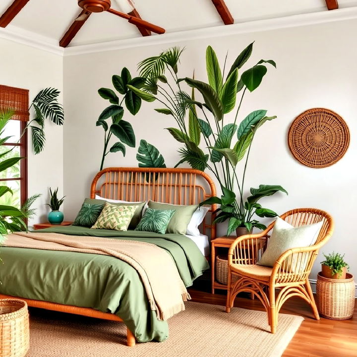 rattan furniture accents for jungle themed bedroom