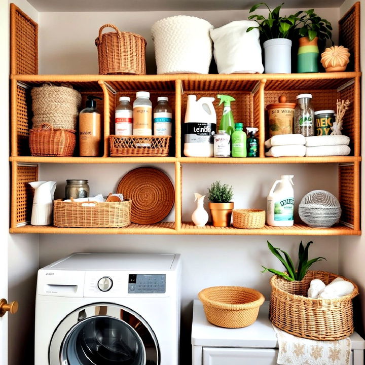 rattan shelved to display laundry supplies