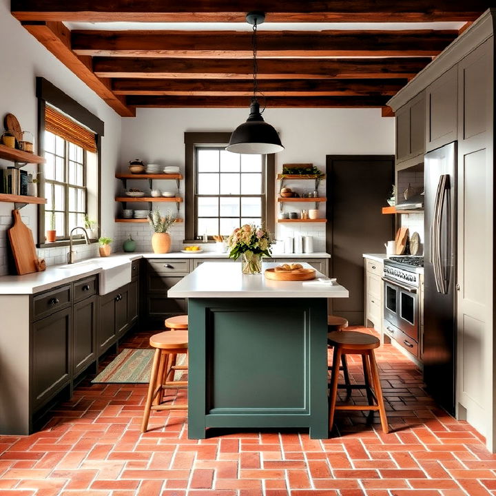 red brick kitchen flooring for rustic charm