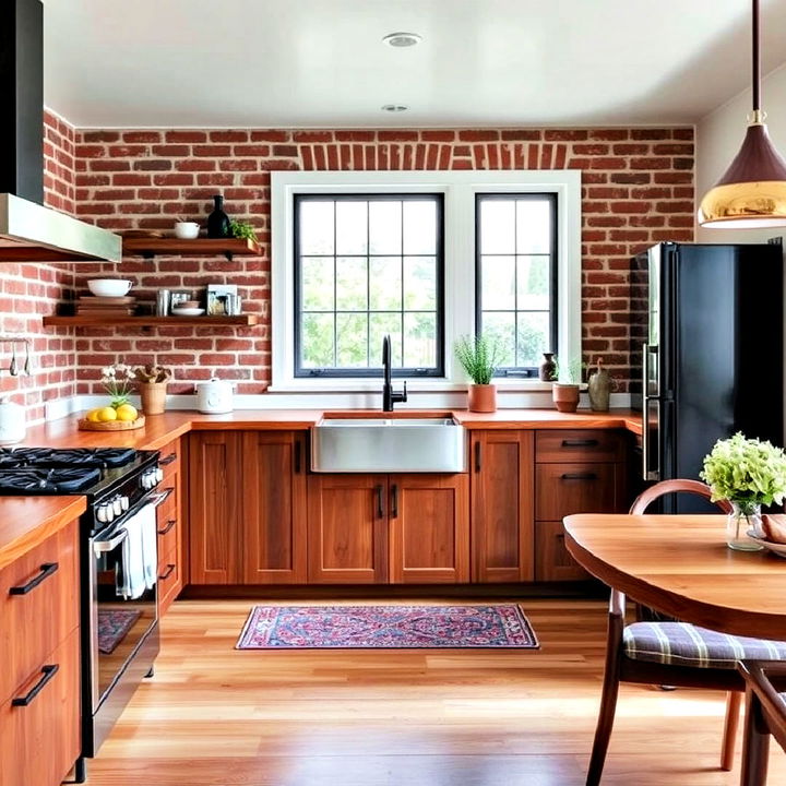 red brick kitchen with wood combination