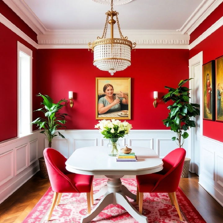 red feature wall with wainscoting