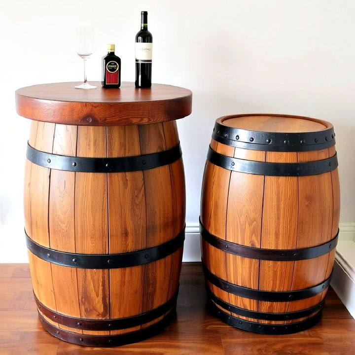 repurpose wooden barrels as furniture