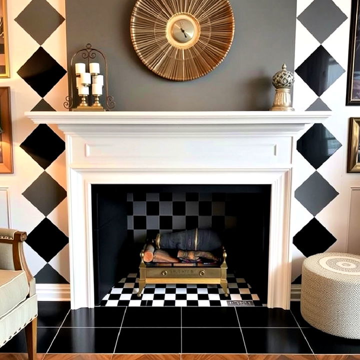 retro checkerboard tiles fireplace