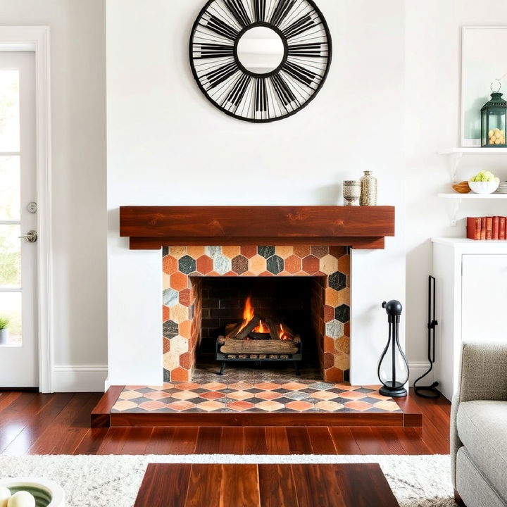 retro hexagon tiles fireplace