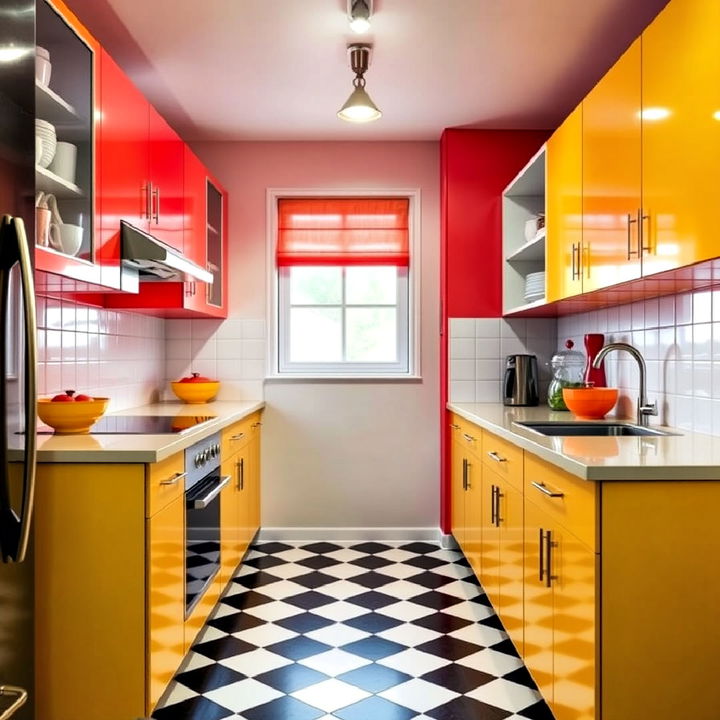 retro style parallel kitchen with bright accents