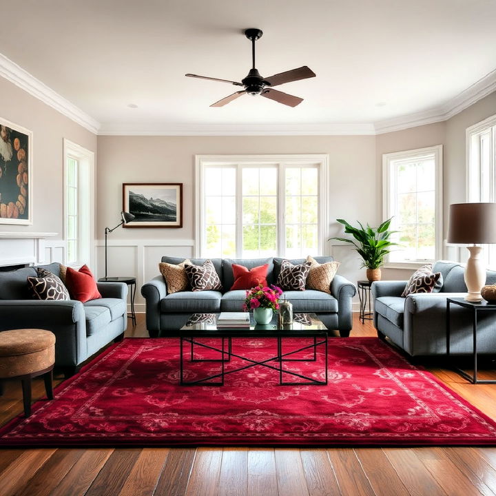 rich burgundy rug for a grey couch