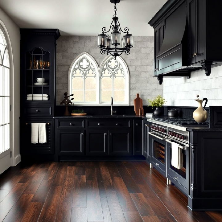 rich dark wood floors for gothic kitchen