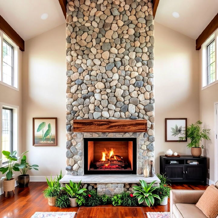 river rock fireplace to create a calming ambiance