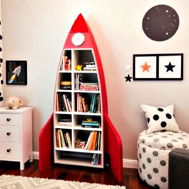 rocket shaped bookshelf as a statement display