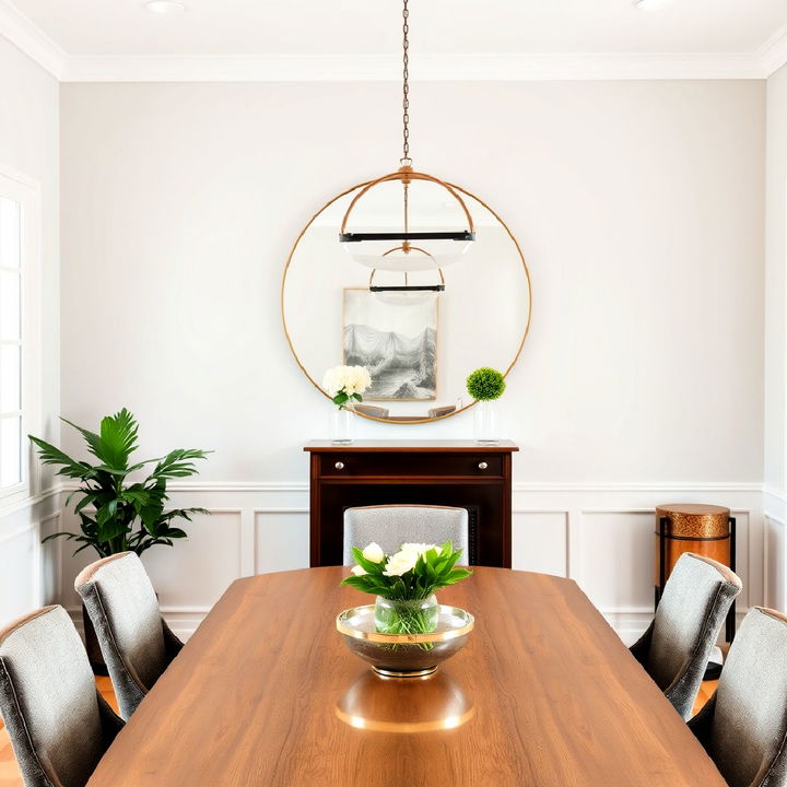 round statement mirror above the dining table