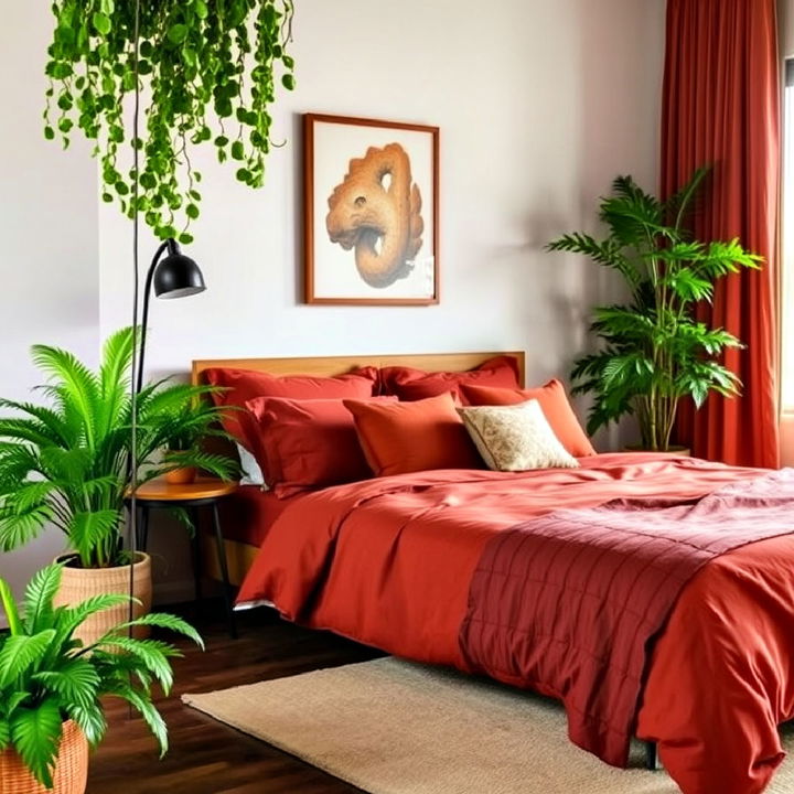 rust and green plant accents for bedroom