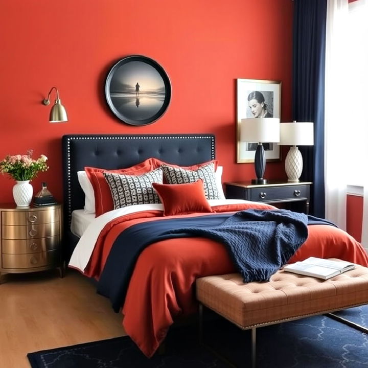 rust and navy color scheme for bedroom