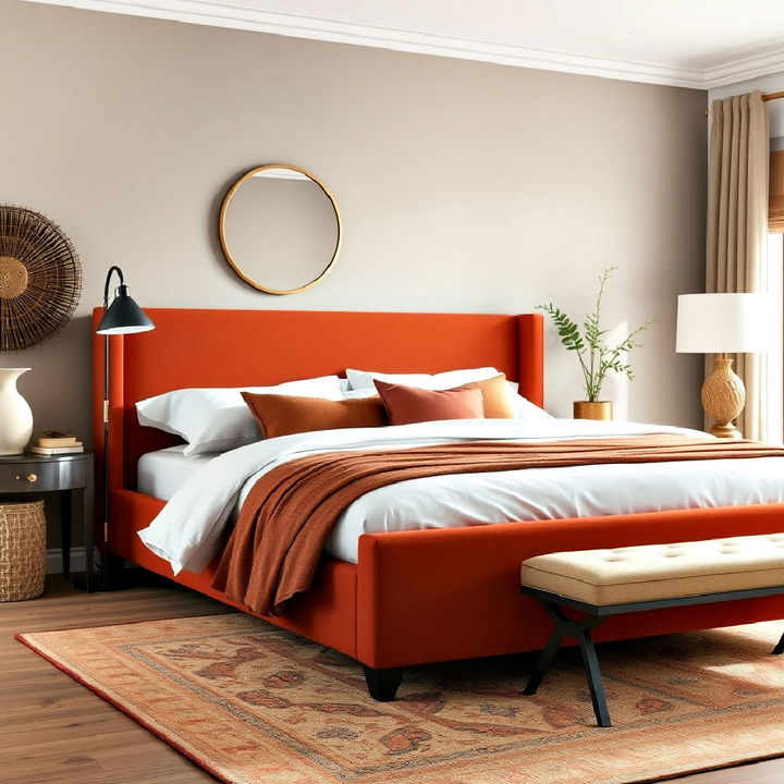 rust toned upholstered bed frame for bedroom