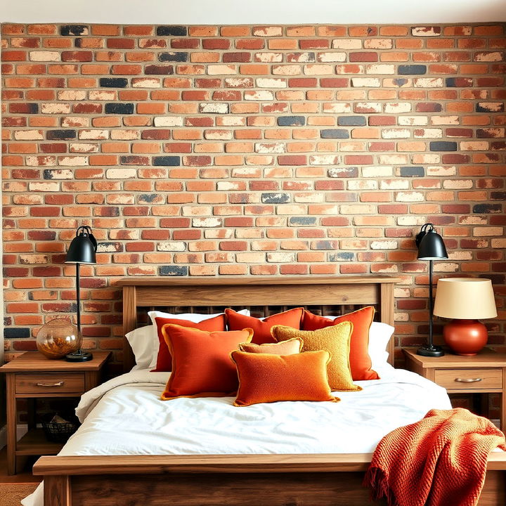 rustic accent wall with exposed brick for bedroom