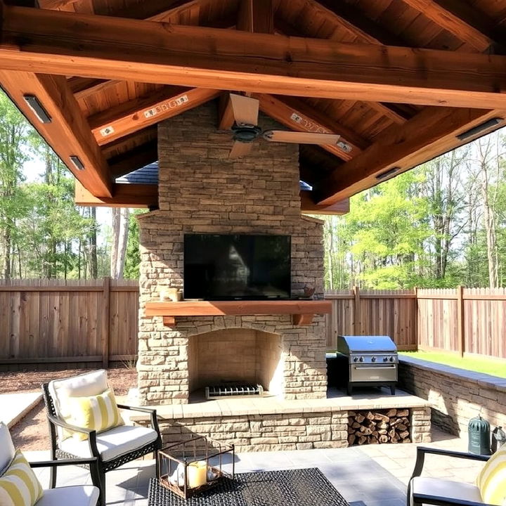 rustic beam canopy fireplace