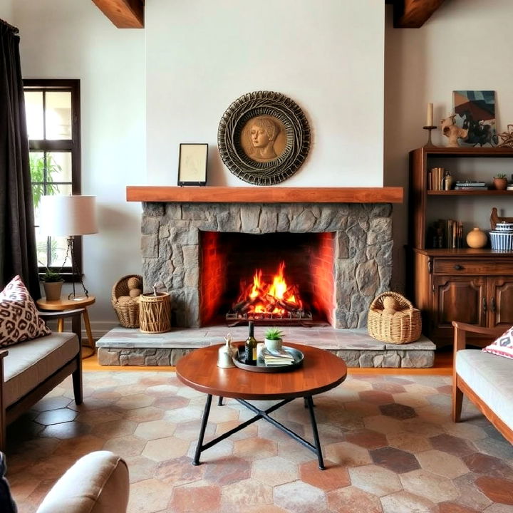 rustic cement tiles fireplace