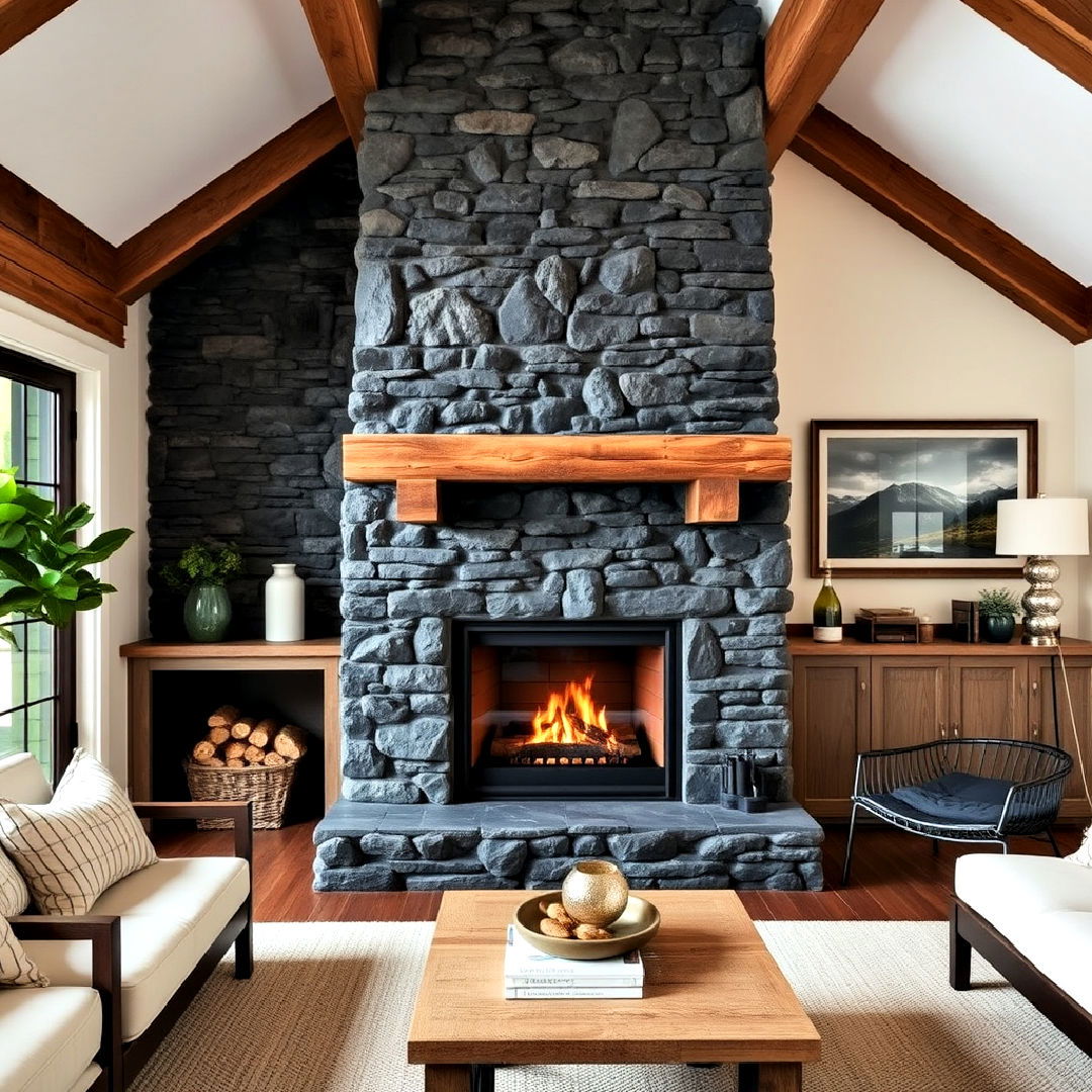 rustic charcoal stone fireplace for a rugged charm
