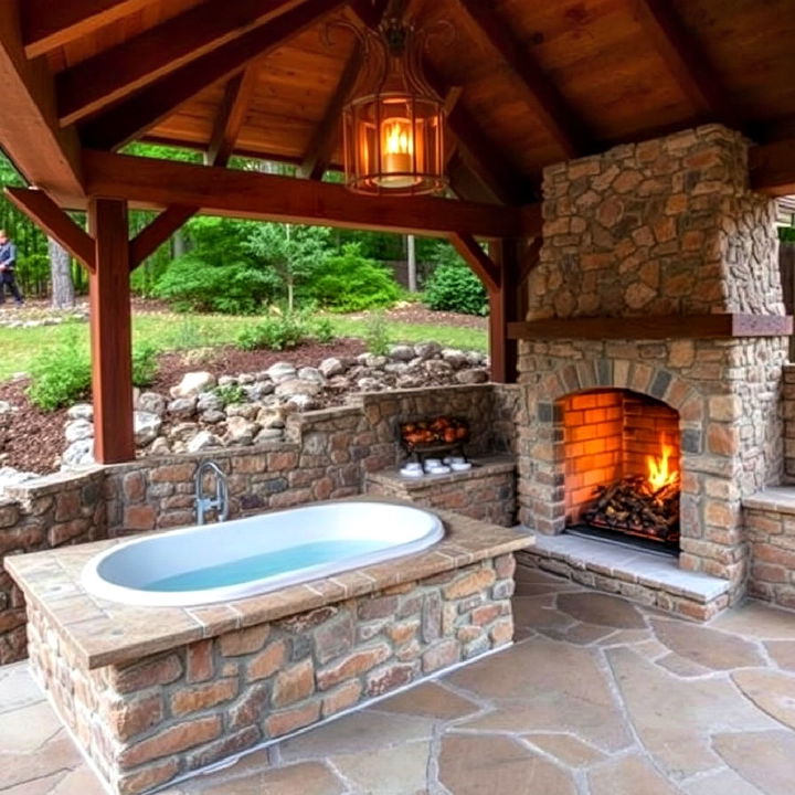 rustic charm outdoor fireplace next to the bathtub