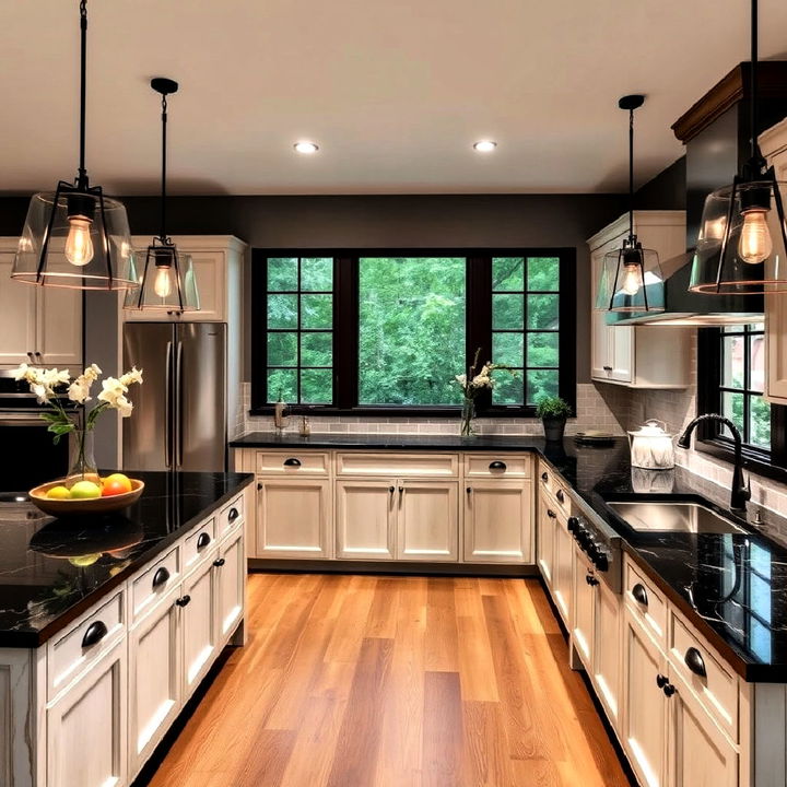 rustic dark quartzite countertops and whitewashed cabinets