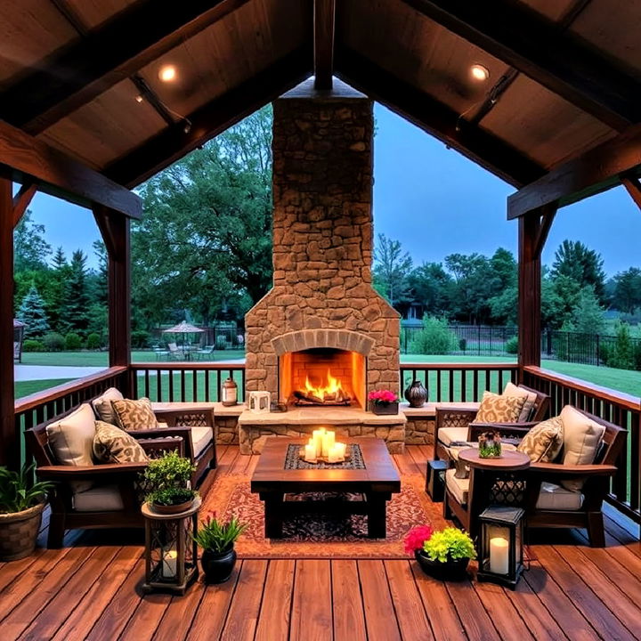 rustic elegance deck with fireplace