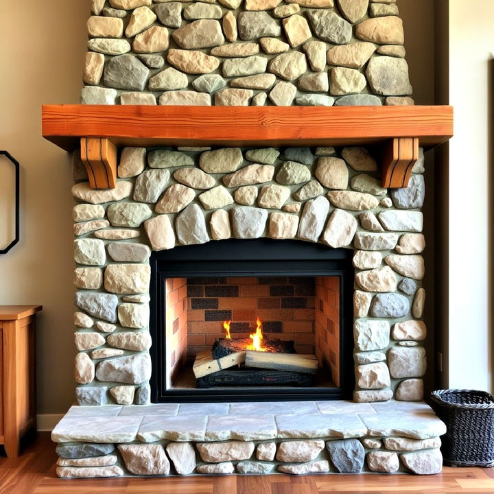 rustic faux stone with wooden mantel