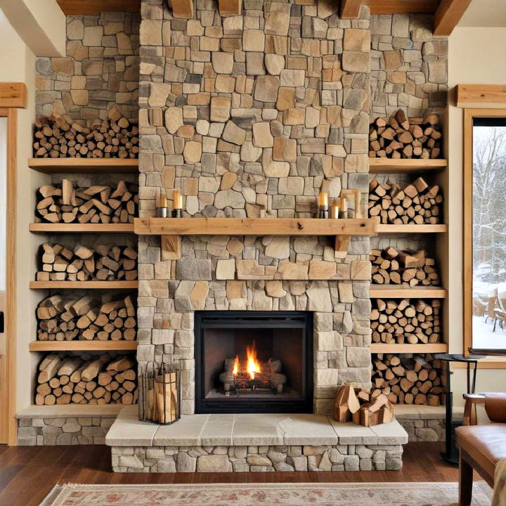 rustic fireplace with built in wood storage