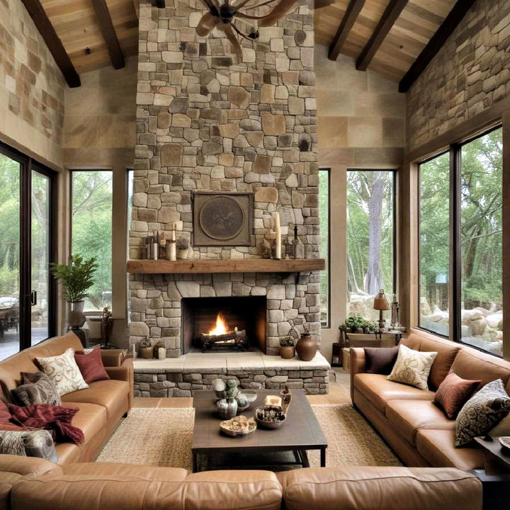 rustic floor to ceiling stone fireplace with mantel