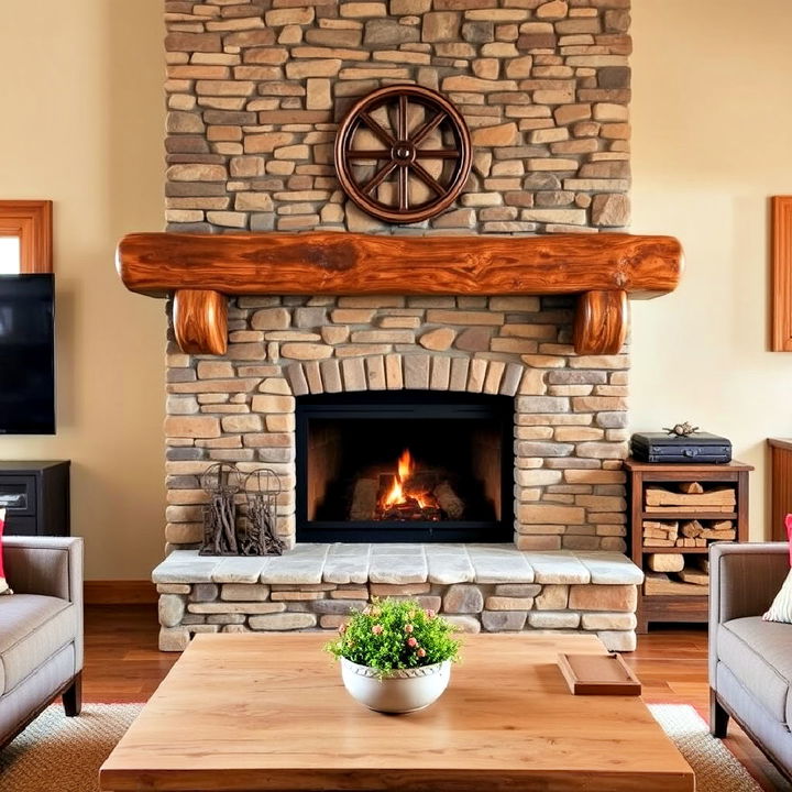 rustic log fireplace mantel