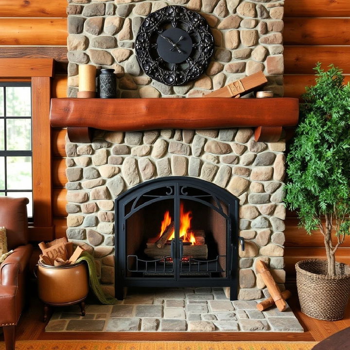 rustic metal cabin fireplace