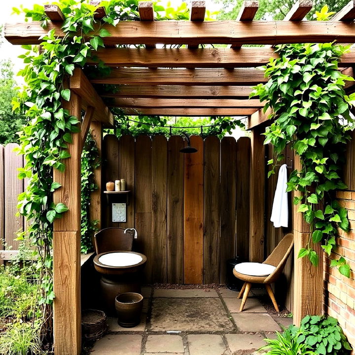 rustic pergola covered shower area